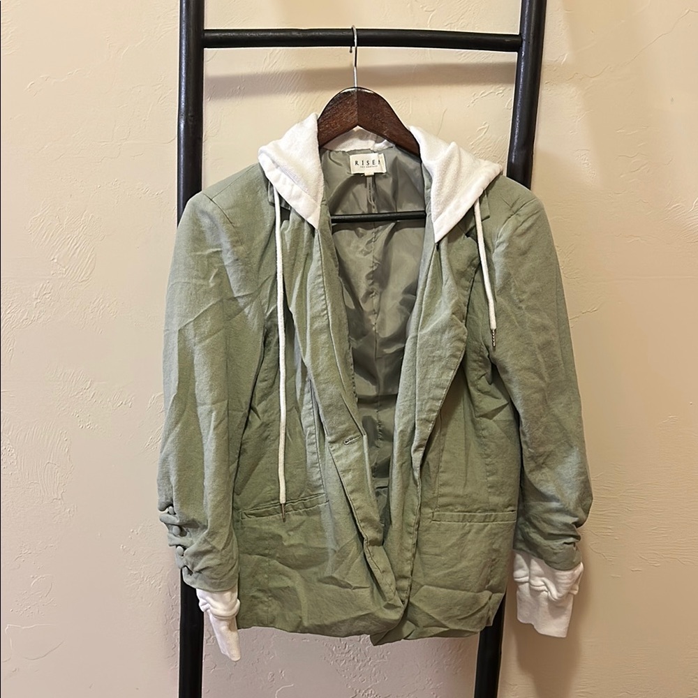 Green Hooded Blazer with White Accents